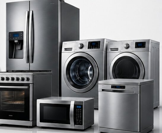 Fridge, stove, washing machine, tumble dryer, microwave and dishwasher